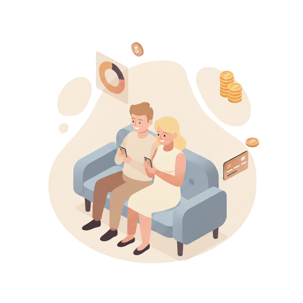Couple managing their budget together using smartphones